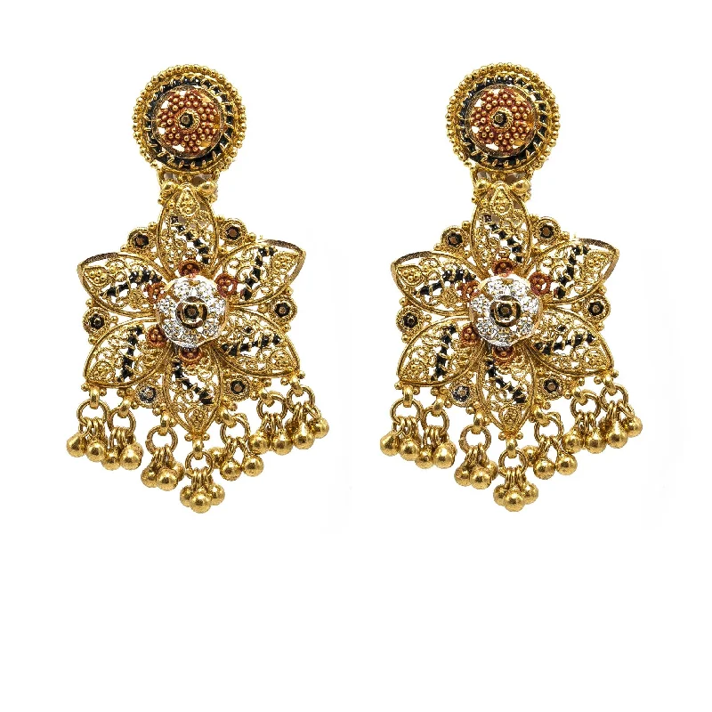 Unique Dangle Earrings-22K Yellow Gold Earrings W/ Meenakari Designs & Bloomed Flower Pendant