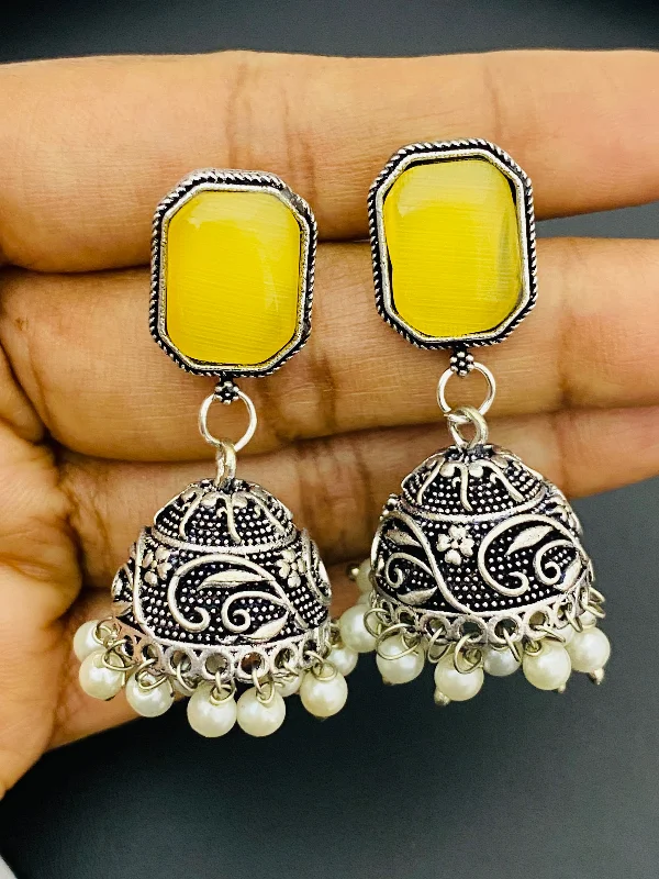 Unique Statement Earrings-Attractive Yellow Color Designer Silver Oxidized Jhumkha Earrings For Women