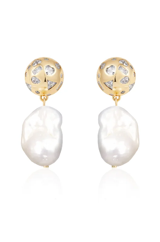 Textured Gold Earrings-Bezel Ball Drop Pearl Earrings