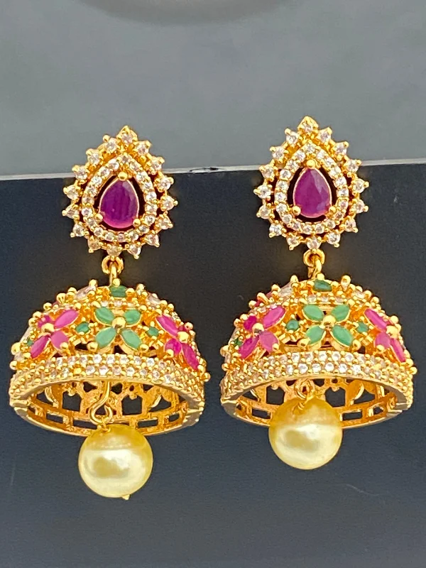 Colorful Gemstone Earrings-Elegant Gold tone cz ruby green jhumka Earrings