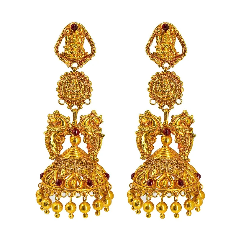 Simple Pearl Drop Earrings-22K Yellow Gold Jhumki Drop Earrings W/ Precious Rubies on Double Laxmi Pendant Designs