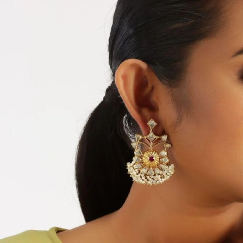 Textured Gold Earrings-Kundan Pearl Drop Silver Earrings