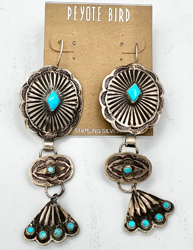 Long Dangle Earrings-Long multi concho Sterling Silver and Turquoise Earrings