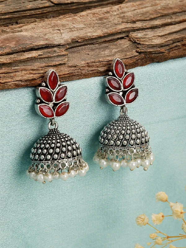 Multi-Layer Earrings-Silver-Plated Pearl Beaded & Maroon Stone Studded Handcrafted Dome Shaped Jhumkas