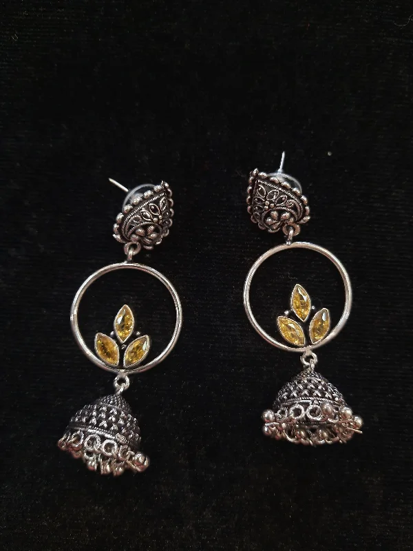 Geometric Drop Earrings-Alluring Mustard Yellow Color Floral Design Silver Oxidized Jhumka For Women