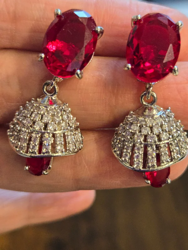 Unique Drop Earrings-Beautiful American Diamond Red Color Stone Jhumka For Women