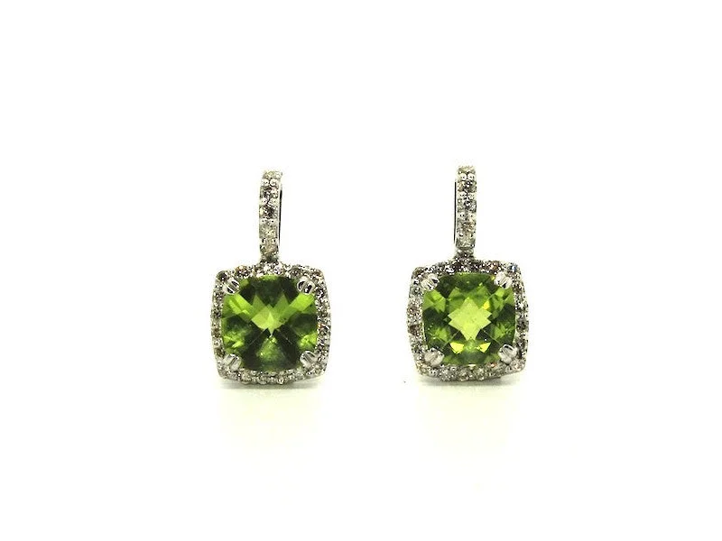 Simple Hoop Earrings for Women-Peridot And Diamond Cushion Halo Earring Ad No.0903