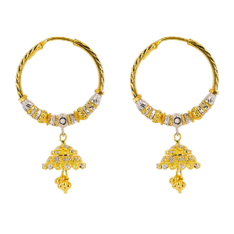 Bridesmaid Earrings-22K Multi Tone Gold Hoop Earrings W/ Jhumki Drops & Textured Gold Caps