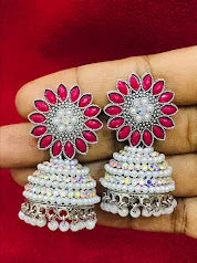 Sterling Silver Earrings-Pretty Oxidizes Rani Pink Color Drop Design Jhumka Earrings For Women