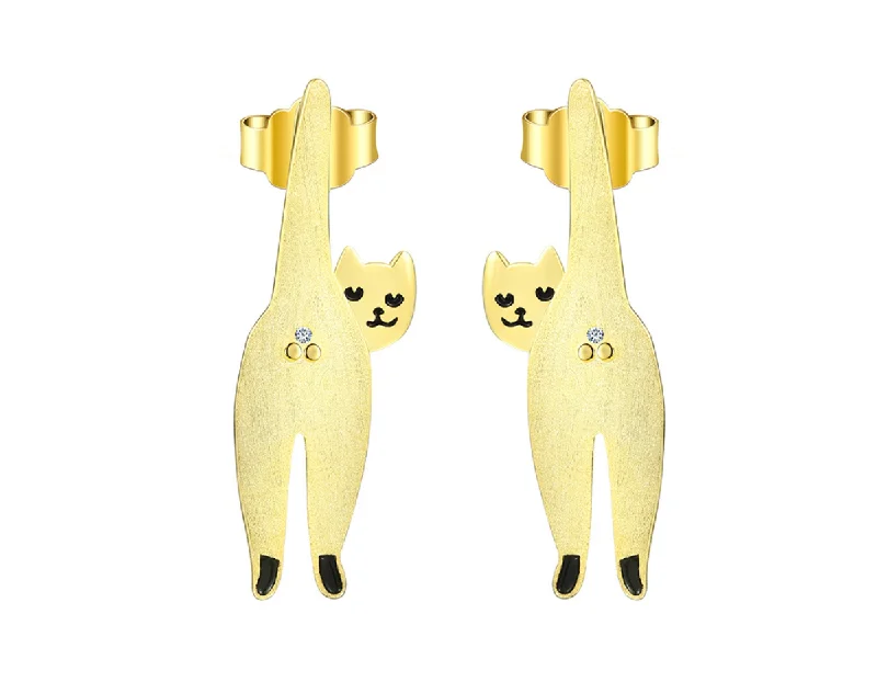 Handmade Gold Earrings-Naughty Kitten Stud Earrings