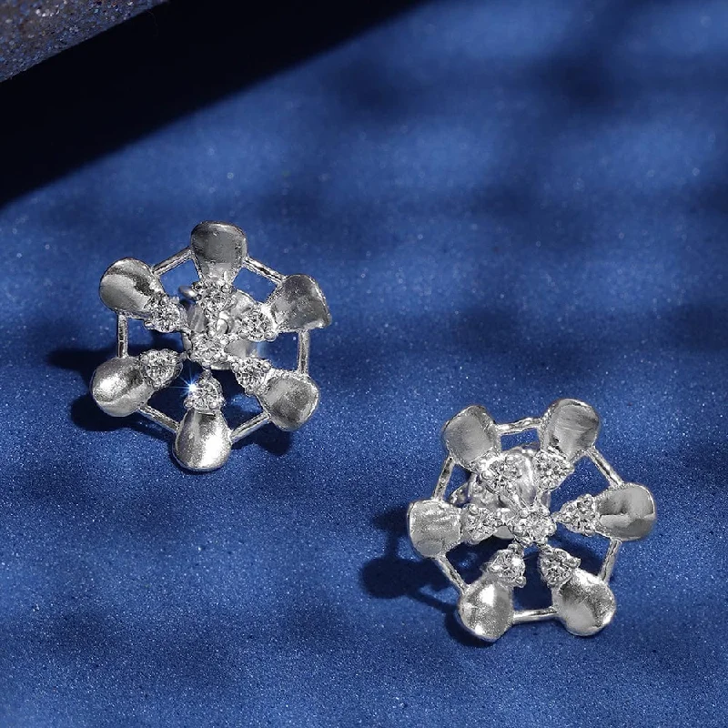 Sterling Stud Earrings-Floral Silver Zircon Studs