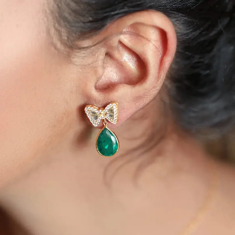 Fancy Diamond Earrings-Silver Green Bow Earring