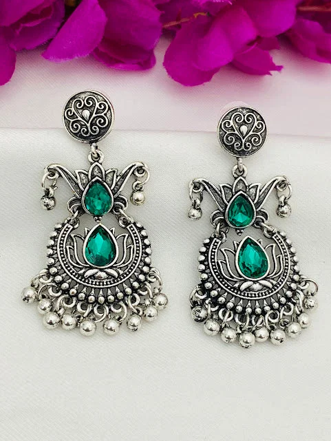 Antique Style Earrings-Gorgeous Oxidized Green Stoned With Pearl Designer Earrings