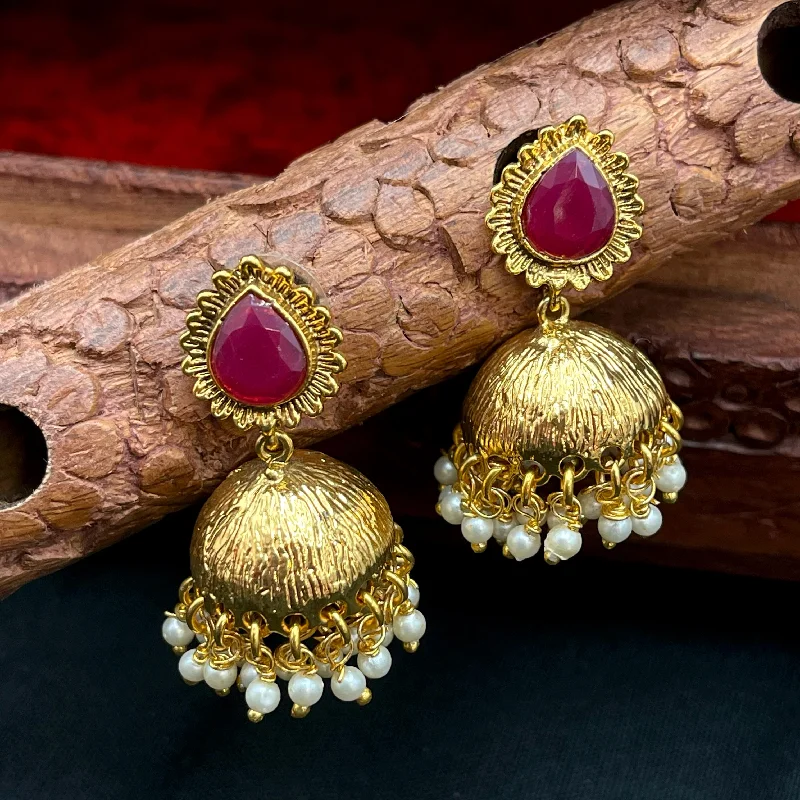 Crystal Cluster Earrings-Elegant Antique Gold Ruby Red Jhumka Earrings