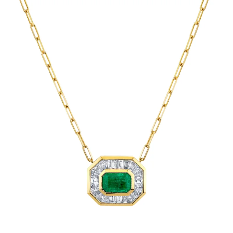 Stylish Gold Necklace-EMERALD & DIAMOND HALO MINI DECO PENDANT NECKLACE