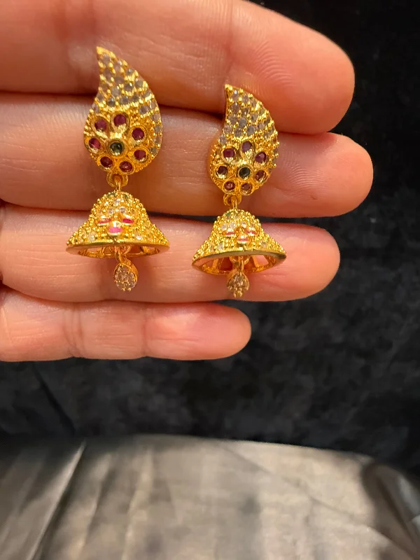 Diamond Drop Earrings-Appealing Gold Tone Multi Colored Stoned Designer Jhumka Earrings