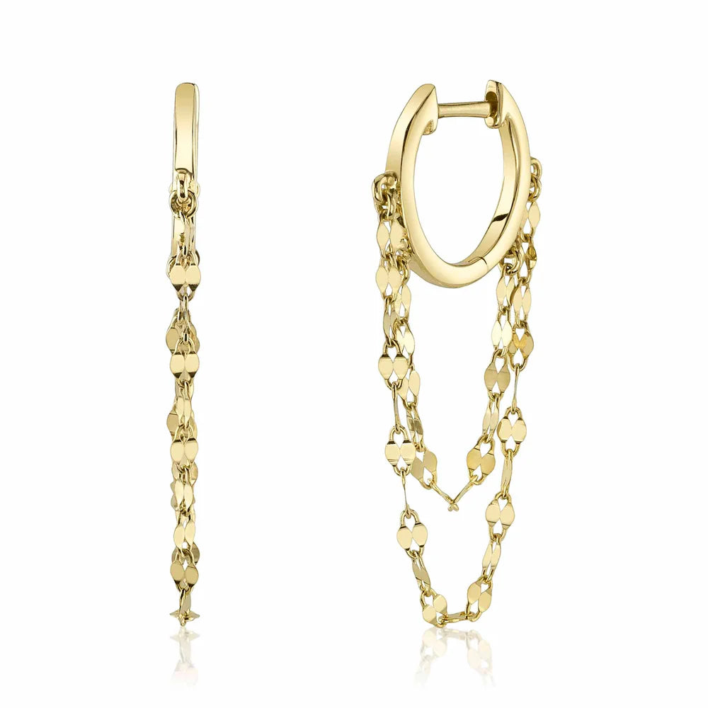 Pearl Stud Earrings for Weddings-14K Gold Huggie With Two Valentino Double Chain Drop Earrings