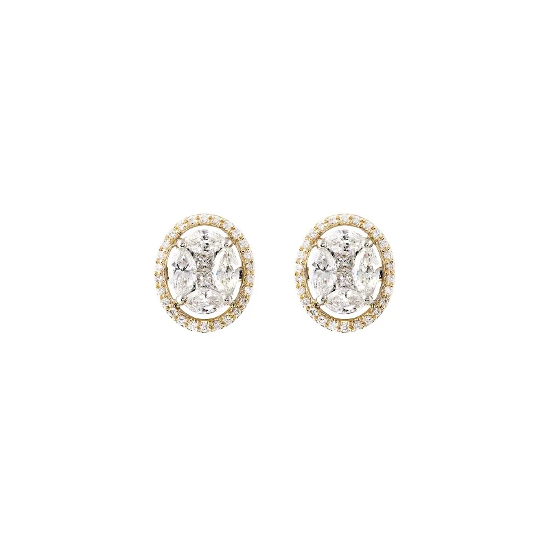 Bridal Gold Earrings-Yellow Gold & Diamond Oval Rings of Saturn Earrings