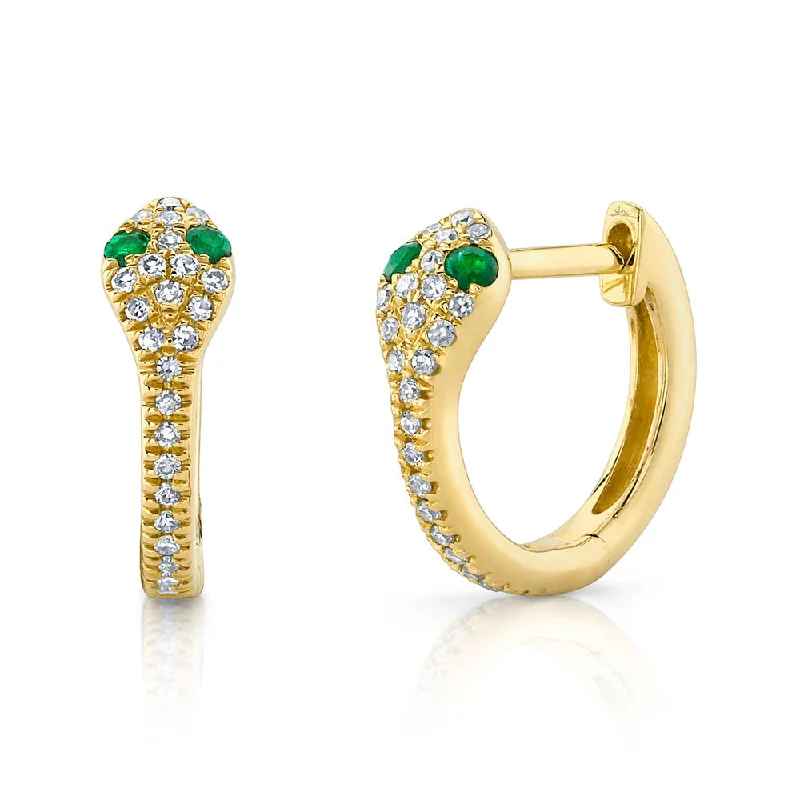 Bright Colorful Earrings-14K Yellow Gold Snake Huggie Earrings with Diamond and Emerald Accents