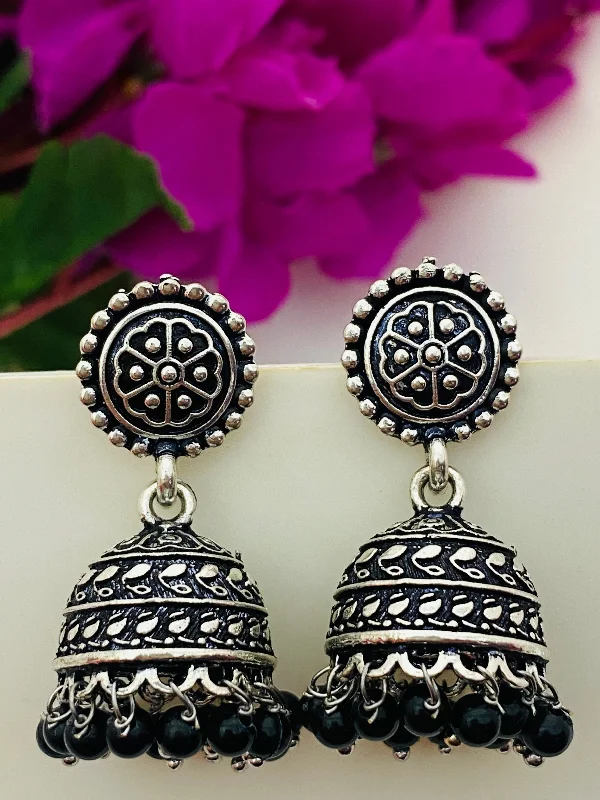 Big Gold Earrings-Delightful Oxidized Silver Plated Jhumkas With Black Pearl Drops