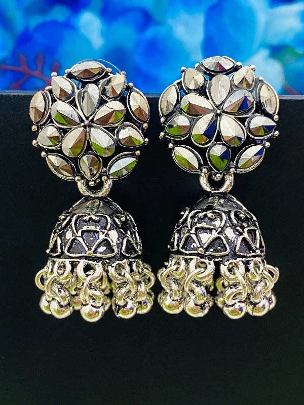 Tassel Earrings for Women-Appealing Oxidized Silver Color Flower Designer With Beeds Jhumka Earrings