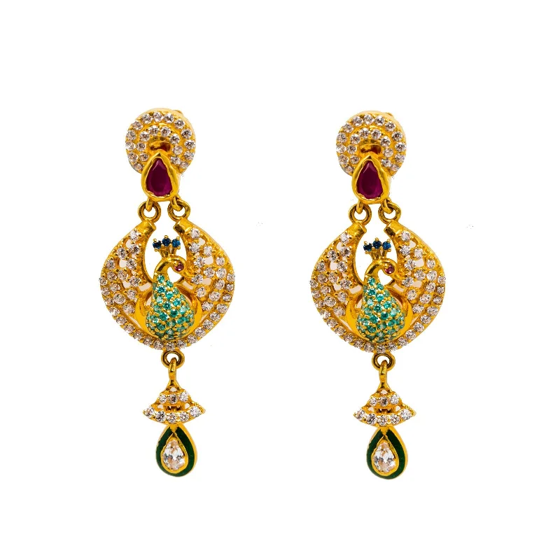 Green Jade Earrings-22K Yellow Gold Chandbali Earrings W/ Rubies, Emeralds, Sapphires, CZ Gems & Peacock Pendant