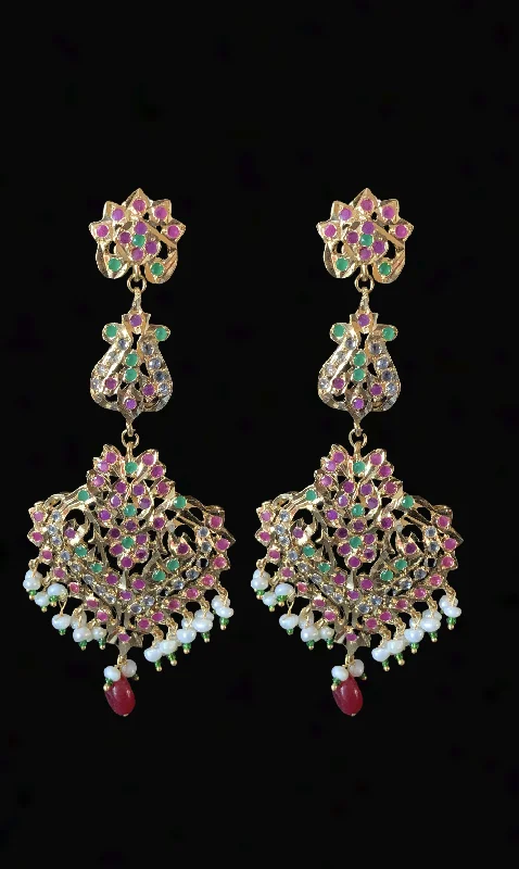 Rainbow Gemstone Earrings-DER413 Afreen long statement earrings with fresh water pearls ( READY TO SHIP )