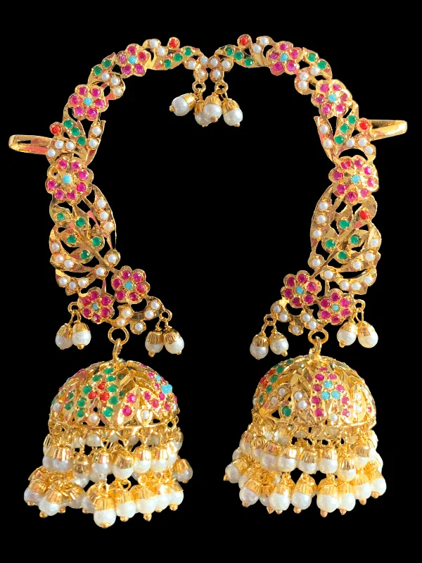 Luxury Pearl Earrings-DER316 jadau kaanphool earrings in Navratan / multicolor  ( SHIPS IN 4 WEEKS )