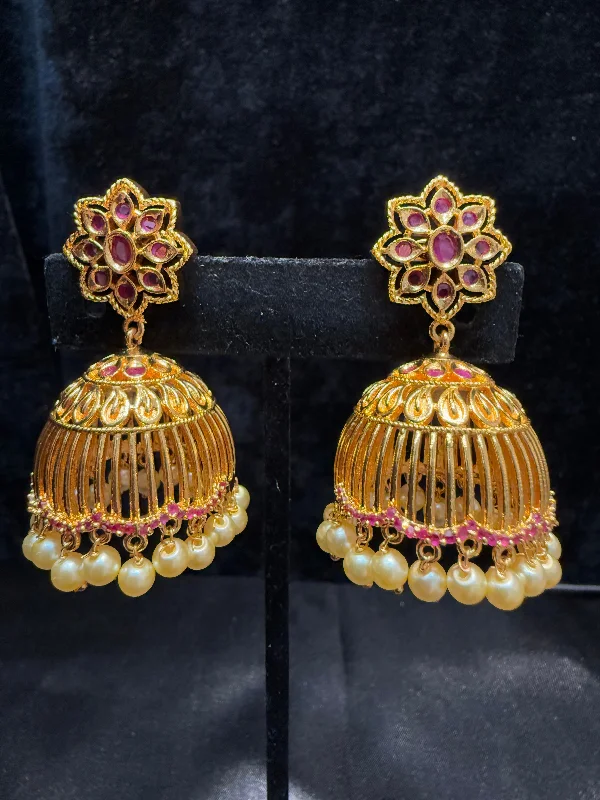 Red Coral Earrings-Dazzling Gold Plated Designer Jhumka With Pink Color Stone With Pearl Drop