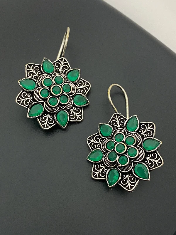 Colorful Drop Earrings-Gorgeous Green Color Rounded Floral Designer Oxidized Earrings