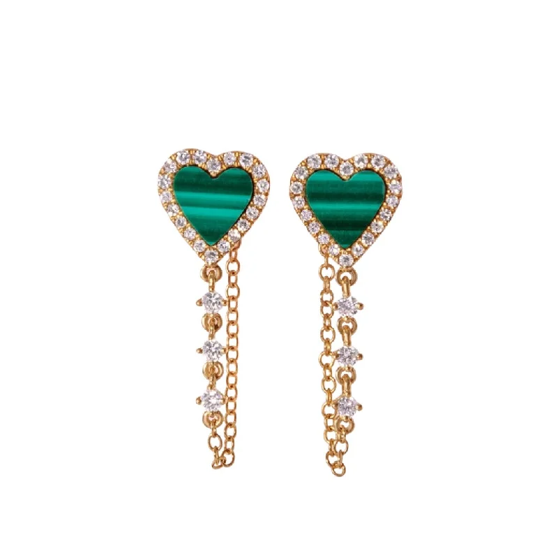 Bohemian Style Earrings-Heart Gemstone and Diamond Chain Earring