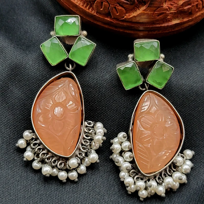 Chunky Gold Earrings-Green & Orange Carved Stone Oxidized German Silver Earrings