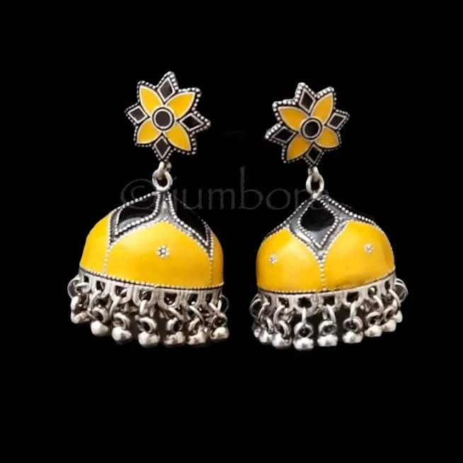 Simple Stud Earrings for Girls-Hand painted Meenakari Oxidized German Silver Jhumka Earrings