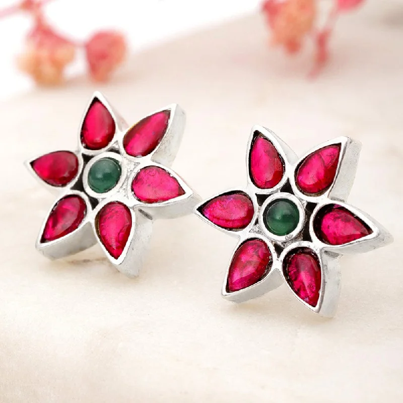 Clear Crystal Earrings-92.5 Silver Red Kundan Flower earring