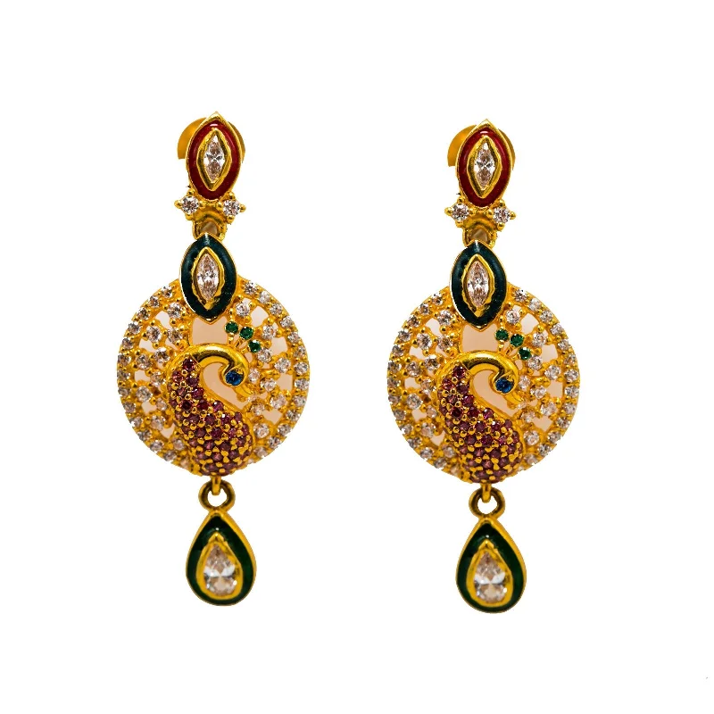 Modern Tassel Earrings-22K Yellow Gold Drop Earrings W/ Rubies, Emeralds, Sapphires, CZ Gems & Round Peacock Pendant