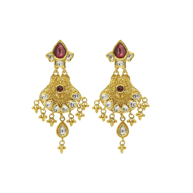 Cute Crystal Earrings-22K Gold Handcrafted Chandelier Earrings W/ Kundan & Ruby Accents