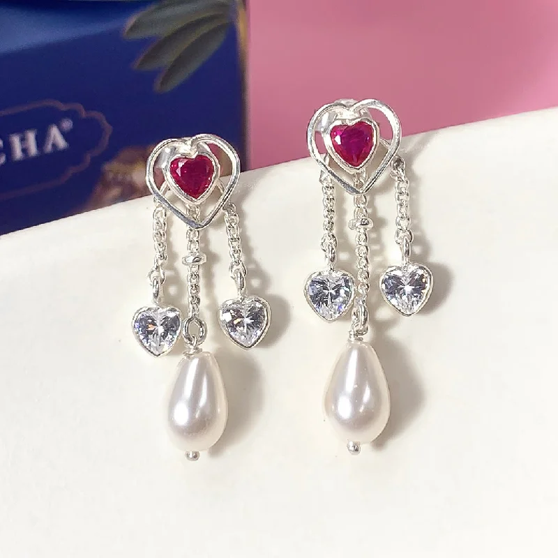 Colorful Crystal Earrings-Silver Valentine's Day Heart Earrings