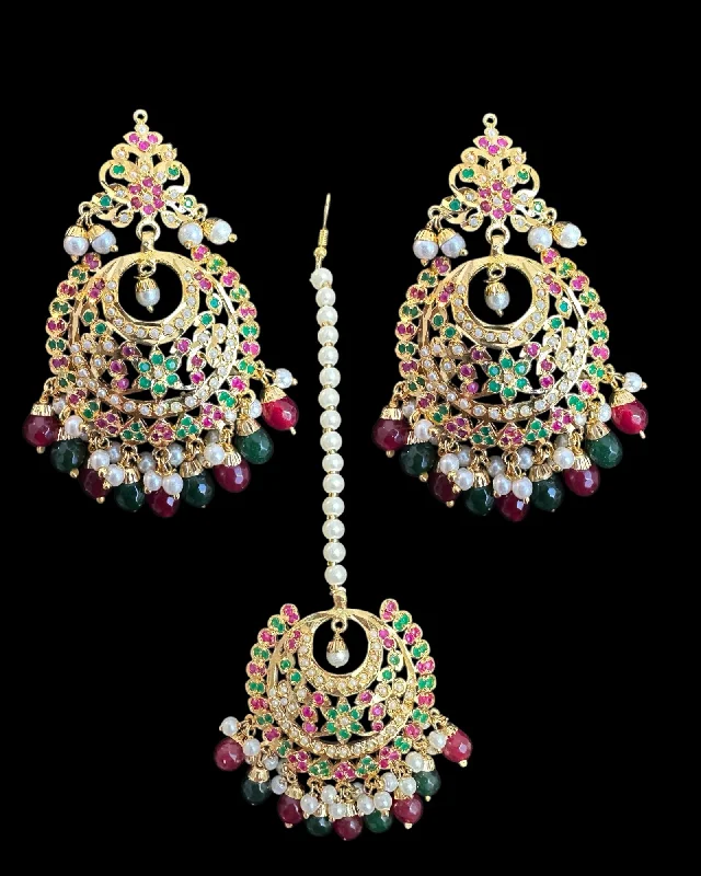 Color Changing Earrings-Dafiya ruby emerald Chandbali Earrings & Tika Set | Ready to Ship | Deccan Jewelry