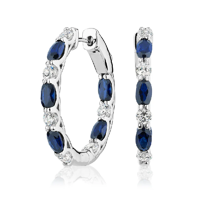 Handcrafted Bead Earrings-Round Brilliant and Oval hoop earrings with sapphire simulants and 1.32 carats* of diamond simulants