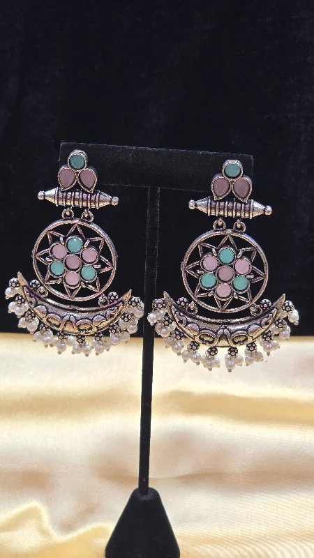 Cute Dangle Earrings-Pretty Crecent Shape With Pink And Green Colored Long Earrings For Women