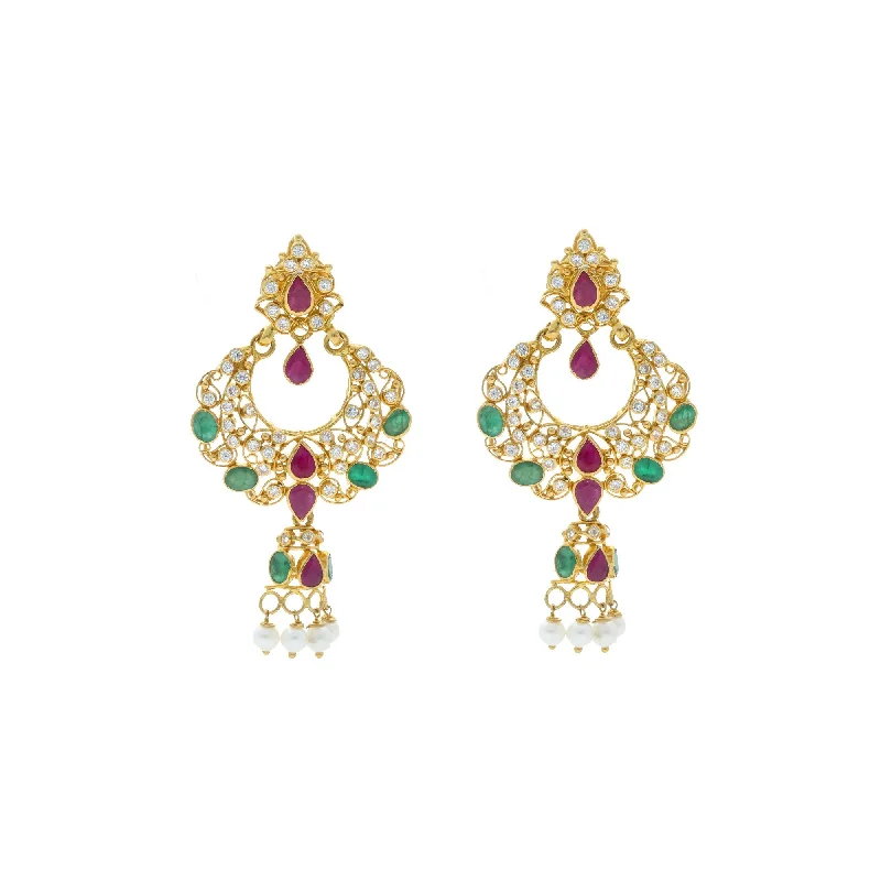 Retro Vintage Earrings-22K Yellow Gold Hoop Earrings W/Rubies,Emeralds,CZ and pearls with Dreamcatcher Design