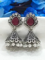 Beautiful Pearl Earrings-Beautiful Maroon Color Stoned Silver Oxidized Jhumka Earrings With Drops