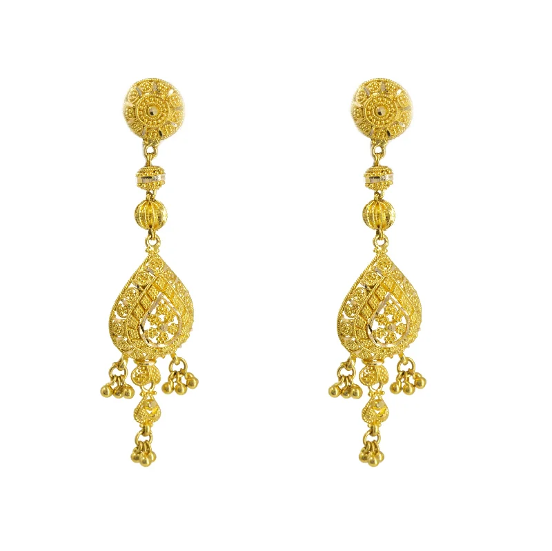 Colorful Drop Earrings-22K Yellow Gold Drop Earrings W/ Hanging Ball Accents & Teardrop Pendant