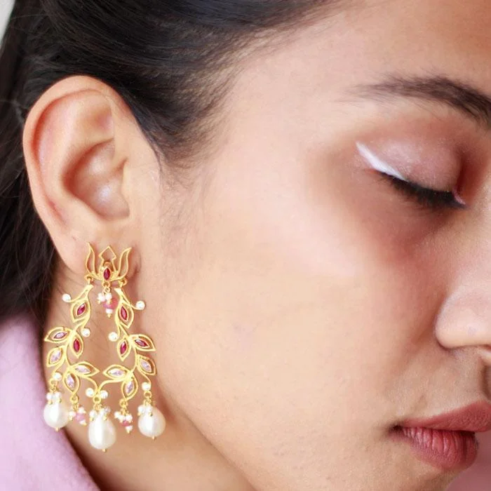 Textured Gold Earrings-Lotus Gold Plated Pearl Earrings