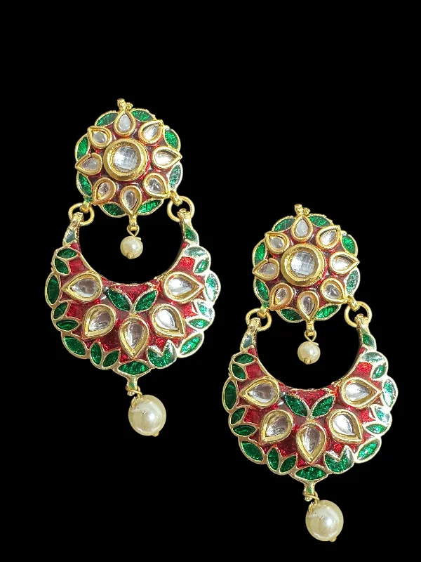 Simple Silver Stud Earrings-SE102 Kundan earrings - red green ( READY TO SHIP )