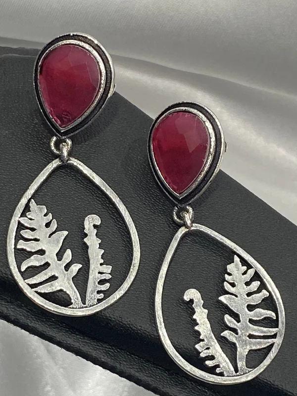 Modern Style Earrings-Appealing Ruby AD Stone Studded Silver Plated Oxidized Earrings