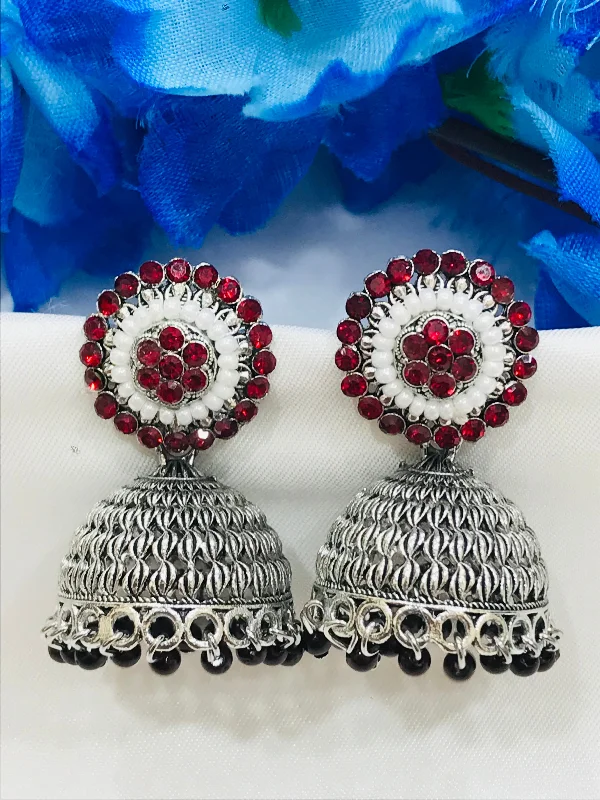 Funky Pearl Earrings-Appealing Oxidized Maroon Color Stone Work Jhumka Earrings