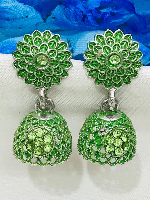 Handmade Gold Earrings-Dazzling Green Color Oxidized Printed Work Earrings