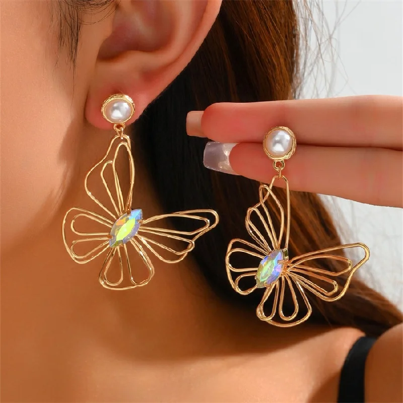 Vintage Cocktail Ring-1 Pair Lady Modern Style Butterfly Inlay Copper Artificial Gemstones Drop Earrings