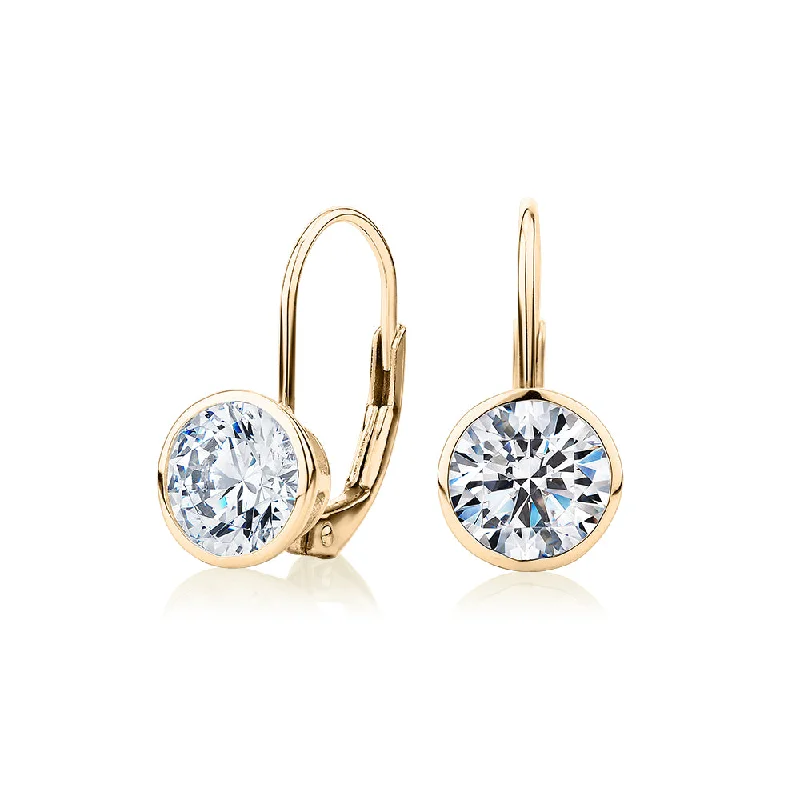 Large Drop Earrings-Round Brilliant drop earrings with 2 carats* of diamond simulants in 10 carat yellow gold